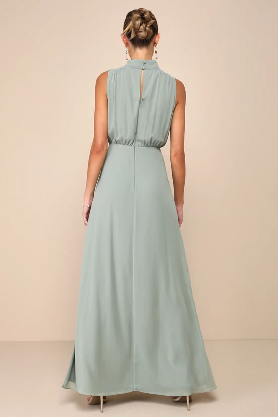 Weitese Formal Women's Dresses Classic Elegance Sage Chiffon Sleeveless Half Hight Neck Maxi Dress Prom Dress Stores